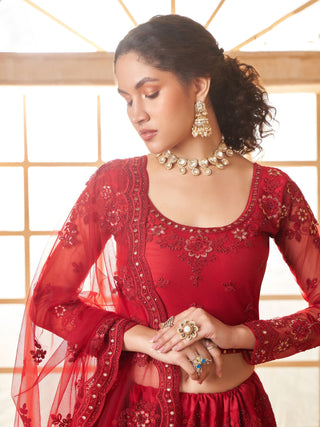 Red color soft net lehenga choli online