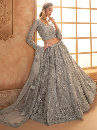 Grey color soft net lehenga choli for women price