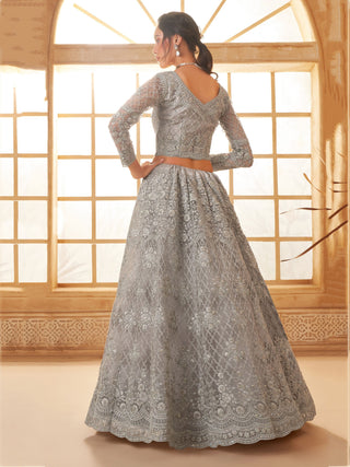 Wedding wear Grey color soft net lehenga choli online