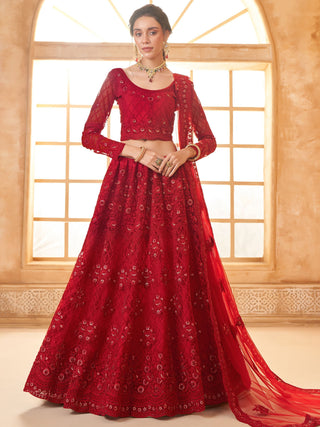 Red color soft net lehenga choli for women