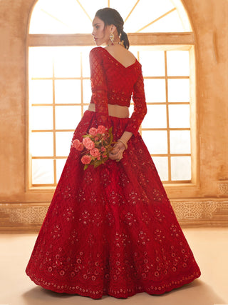 Red color soft net lehenga choli for party wear online