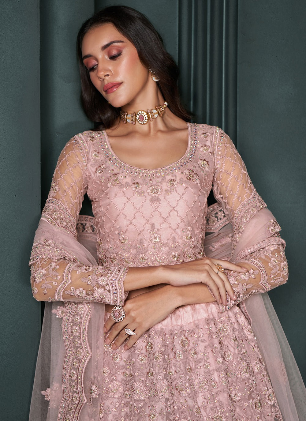 Light pink net lehenga choli for women
