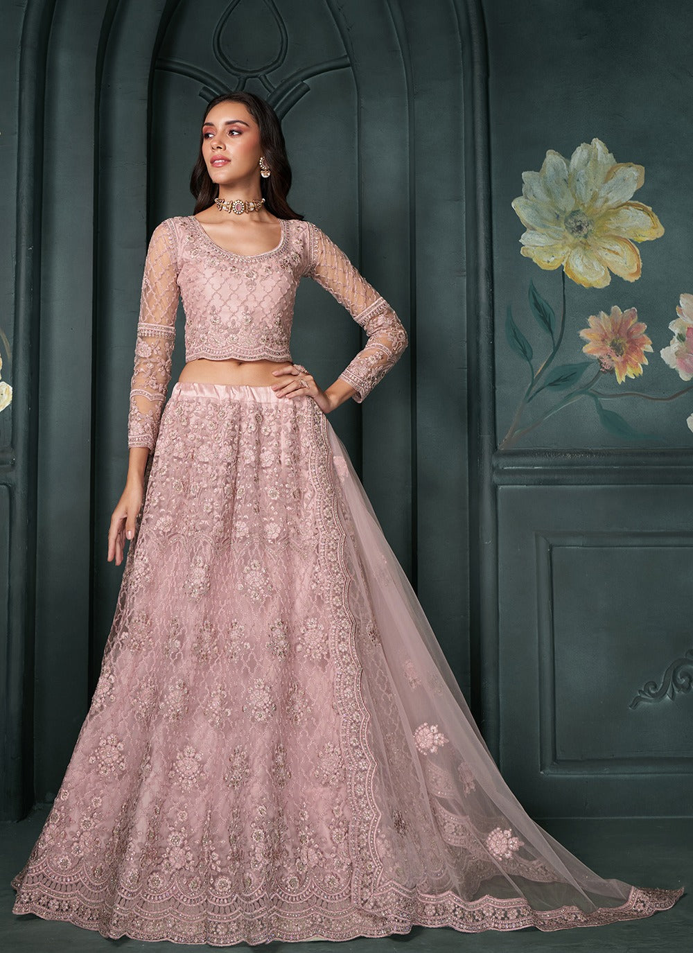 Pink net lehenga choli for women with price
