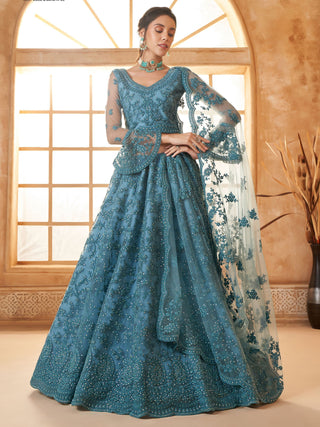 Tea blue color soft net lehenga choli for women