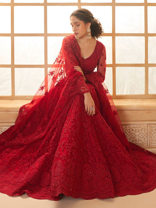 Red color soft net lehenga choli for women online