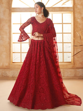 Red color soft net lehenga choli for women