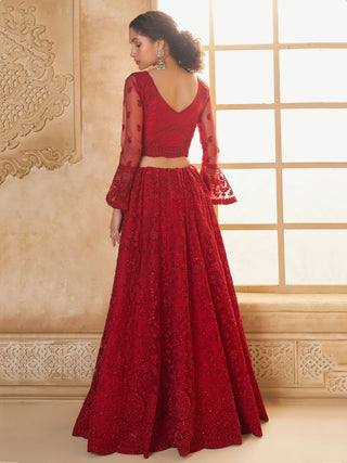 Red color soft net lehenga choli for women images