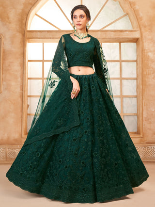 Dark green soft net lehenga choli for women