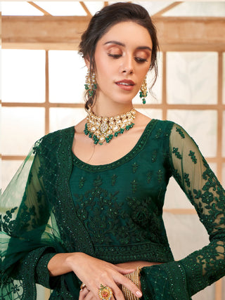 Dark green soft net lehenga choli for women images