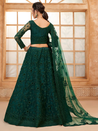 Dark green soft net lehenga choli for women online