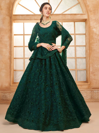 Dark green soft net lehenga choli for women online shopping