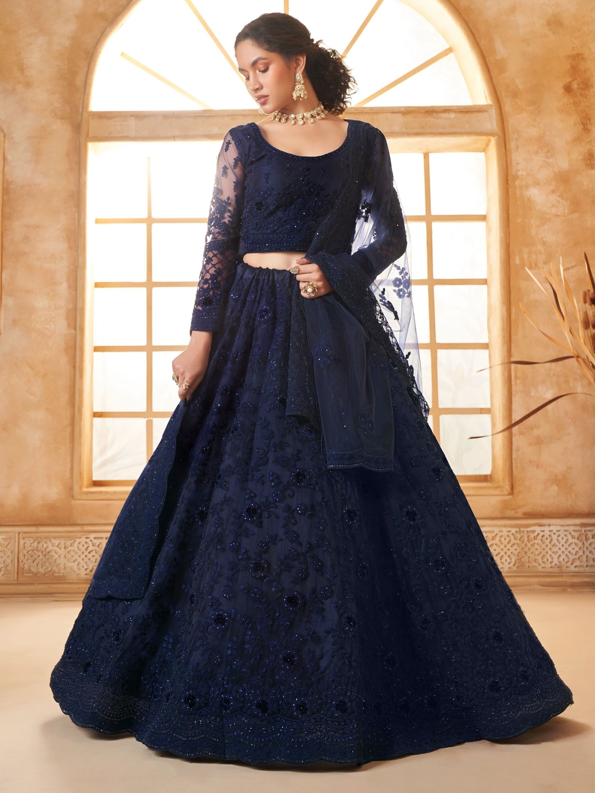 Indian Traditional Navy Blue Soft Net Lehenga Choli For Engagement – Ragthm