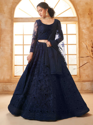 Wedding wear soft net navy blue lehenga choli images