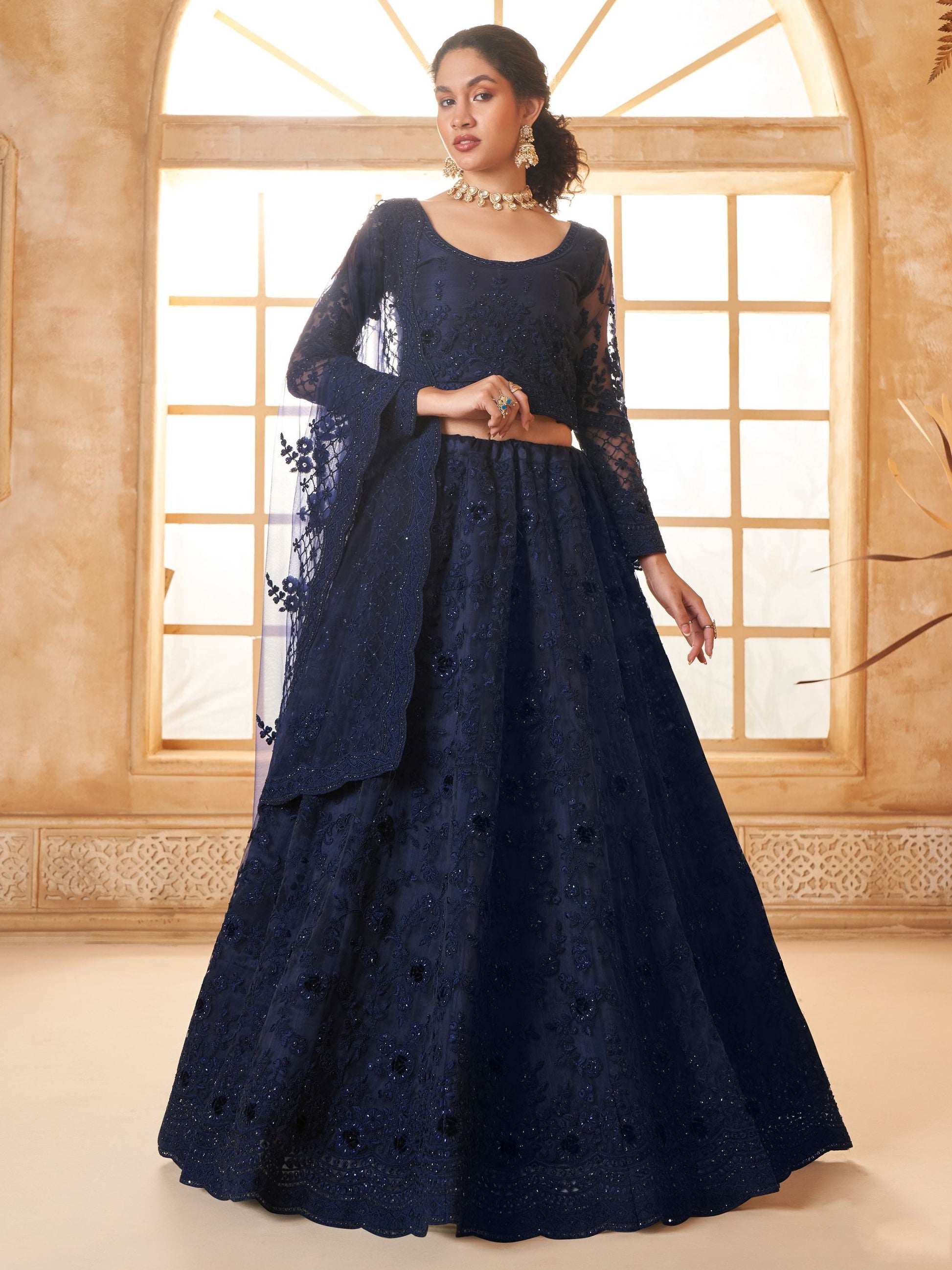 Indian Traditional Navy Blue Soft Net Lehenga Choli For Engagement SEMI-STITCHED / Navy Blue Indian Traditional Navy Blue Soft Net Lehenga Choli For Engagement SEMI-STITCHED / Navy Blue