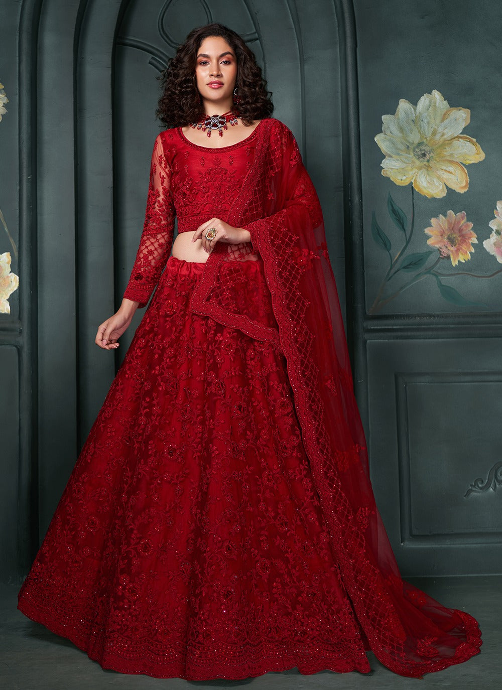 Red net lehenga choli for women party wear
