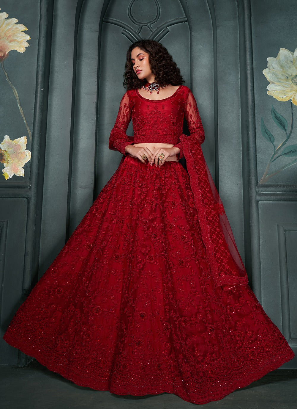 Red net lehenga choli for women with price
