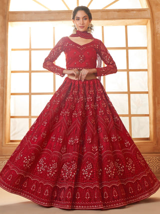 Red color soft net lehenga choli