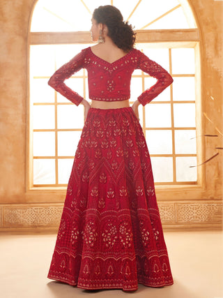 Party wear soft net red color lehenga choli for women price