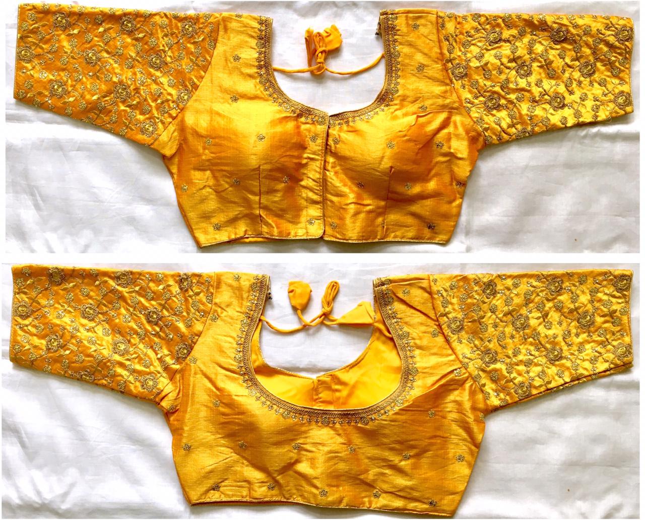 Yellow color phantom silk Sequins work sarees blouse images