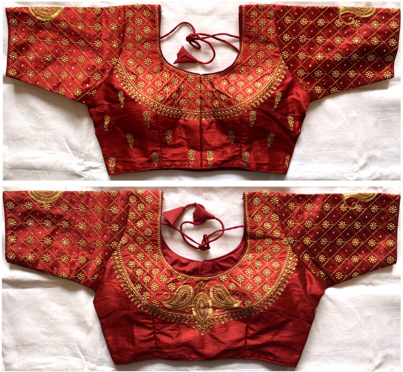 Rust color phantom silk sarees blouse design 