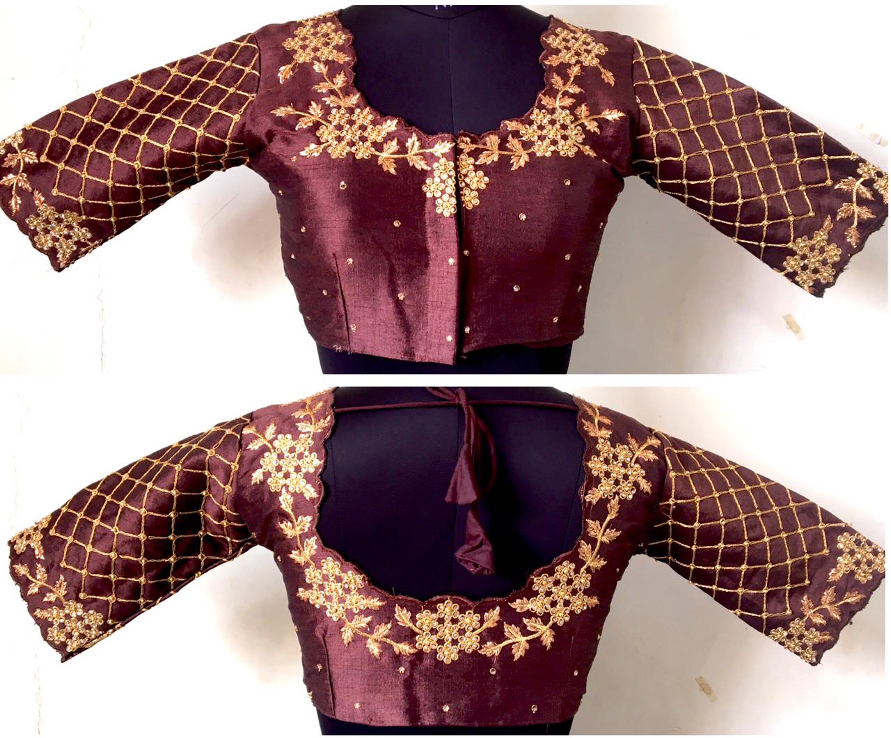 Brown color silk dori work sarees blouse for women