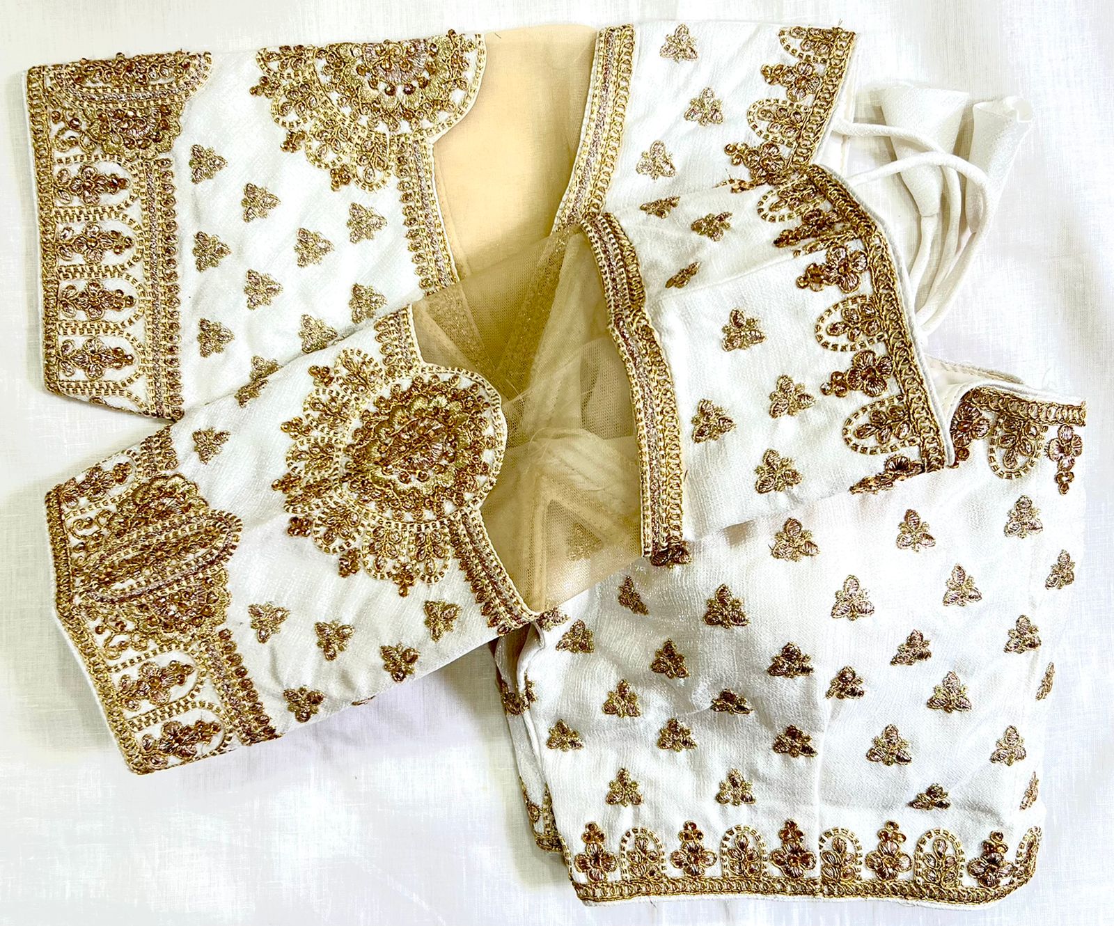 White color coding work silk blouse design