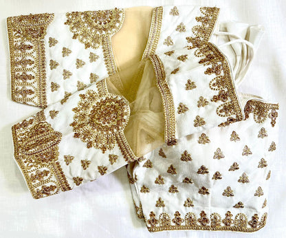 White color coding work silk blouse design