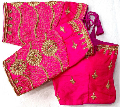 Pink color silk embroidery work blouse design look
