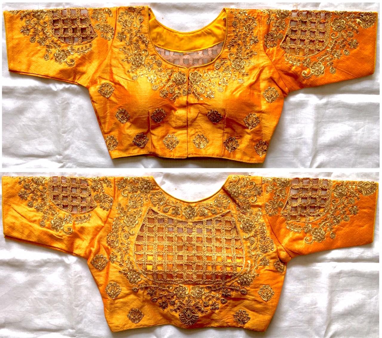Orange color phantom silk hand work sarees blouse images