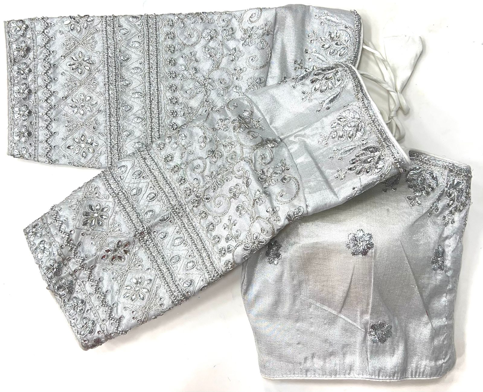 Silver color silk sequins work lehenga blouse price
