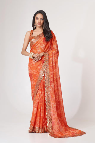 orange organza sequins saree