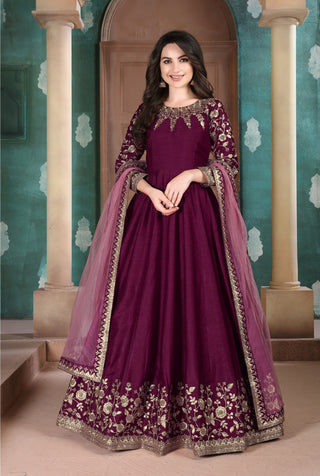 Wine Colour Gown Party Wear
