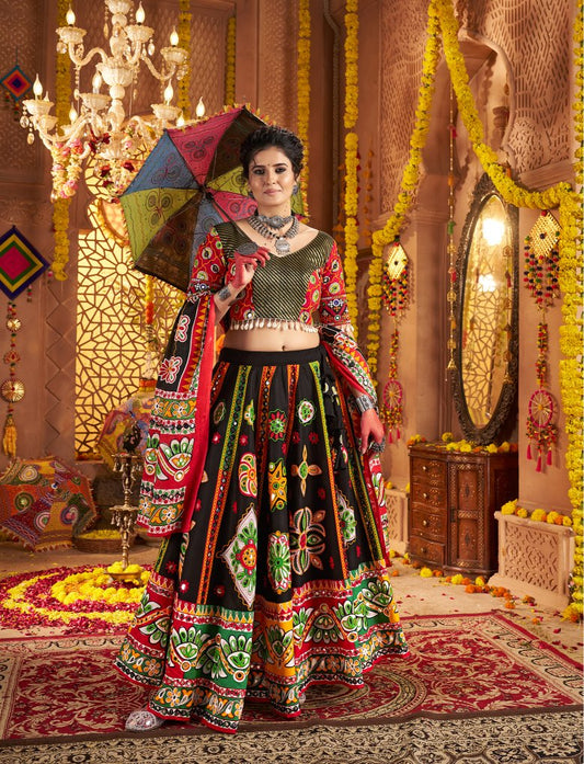Black color cotton lehenga for navratri with dupatta price
