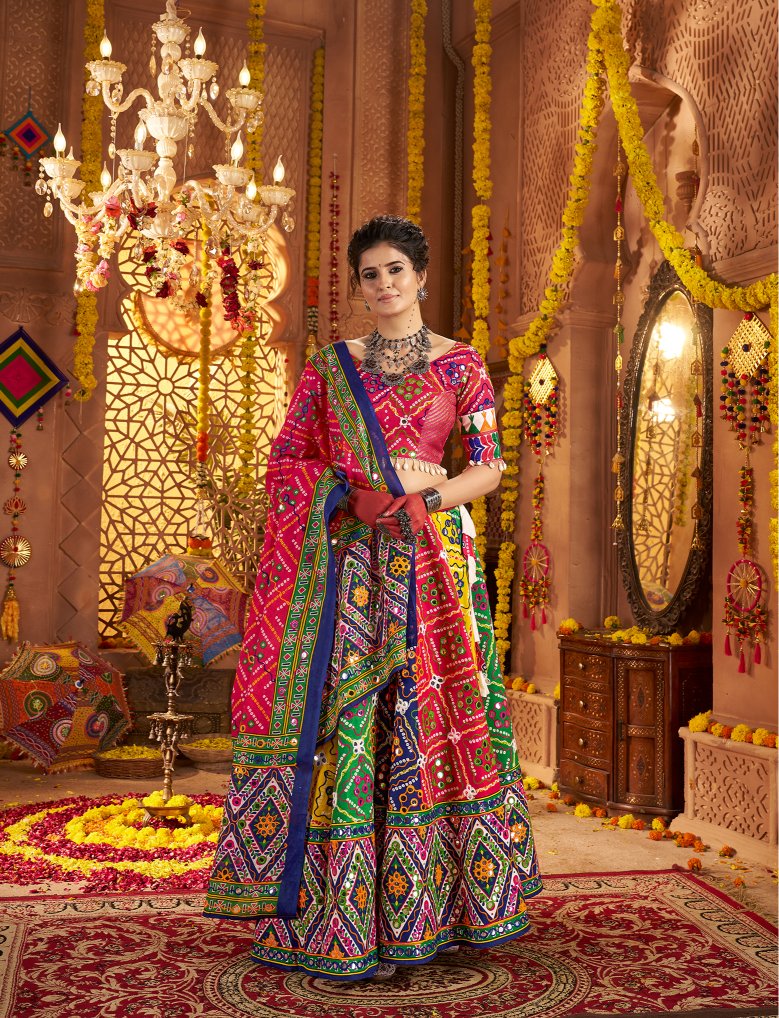 Multi color cotton lehenga for navratri with dupatta price
