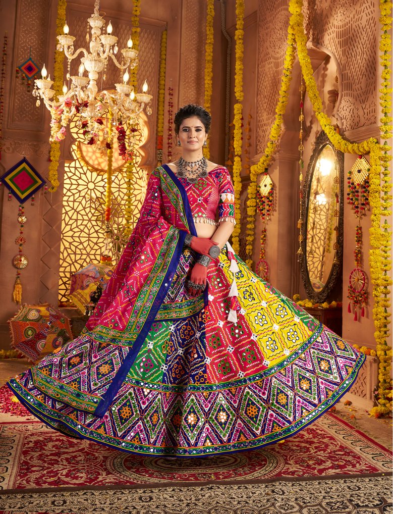 Multi color cotton lehenga for navratri with dupatta online shopping
