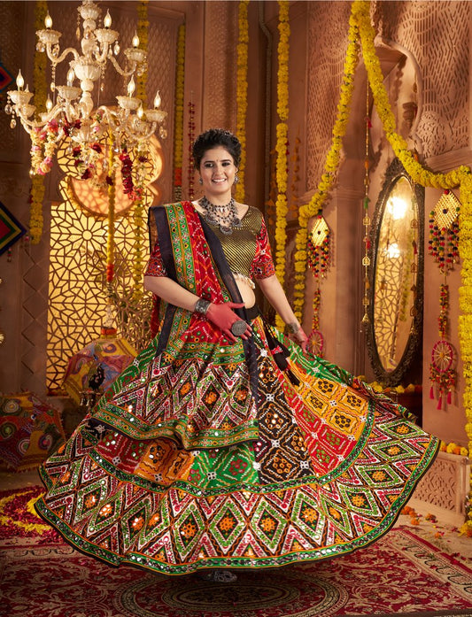 Multi color cotton lehenga for navratri with dupatta price
