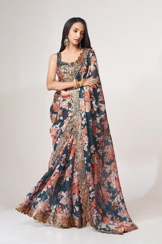 Dove Blue Organza Saree Embroidery Sequins Work Sarees