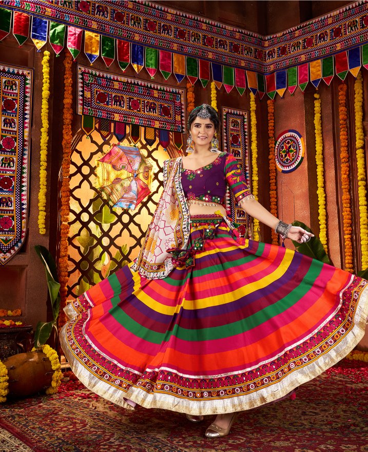 Multi color muslin lehenga for navratri with dupatta price
