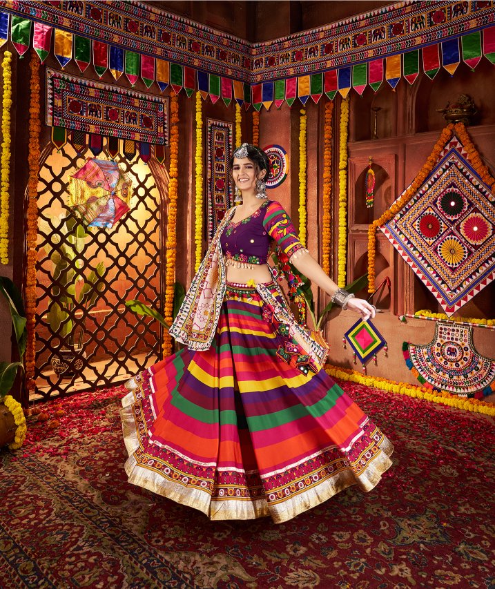 Multi color muslin lehenga for navratri with dupatta online
