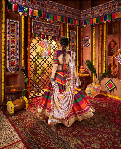Multi color muslin lehenga for navratri with dupatta online
