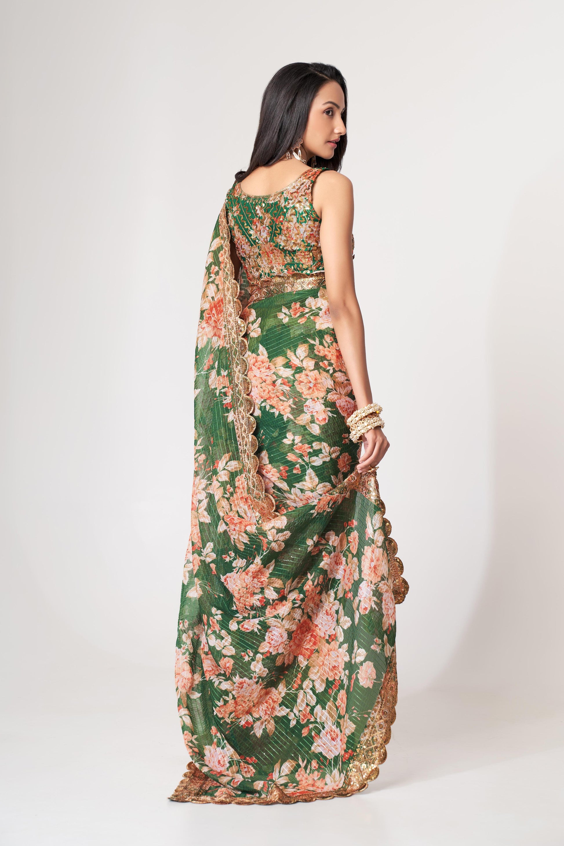 Green color organza saree party wear with price
