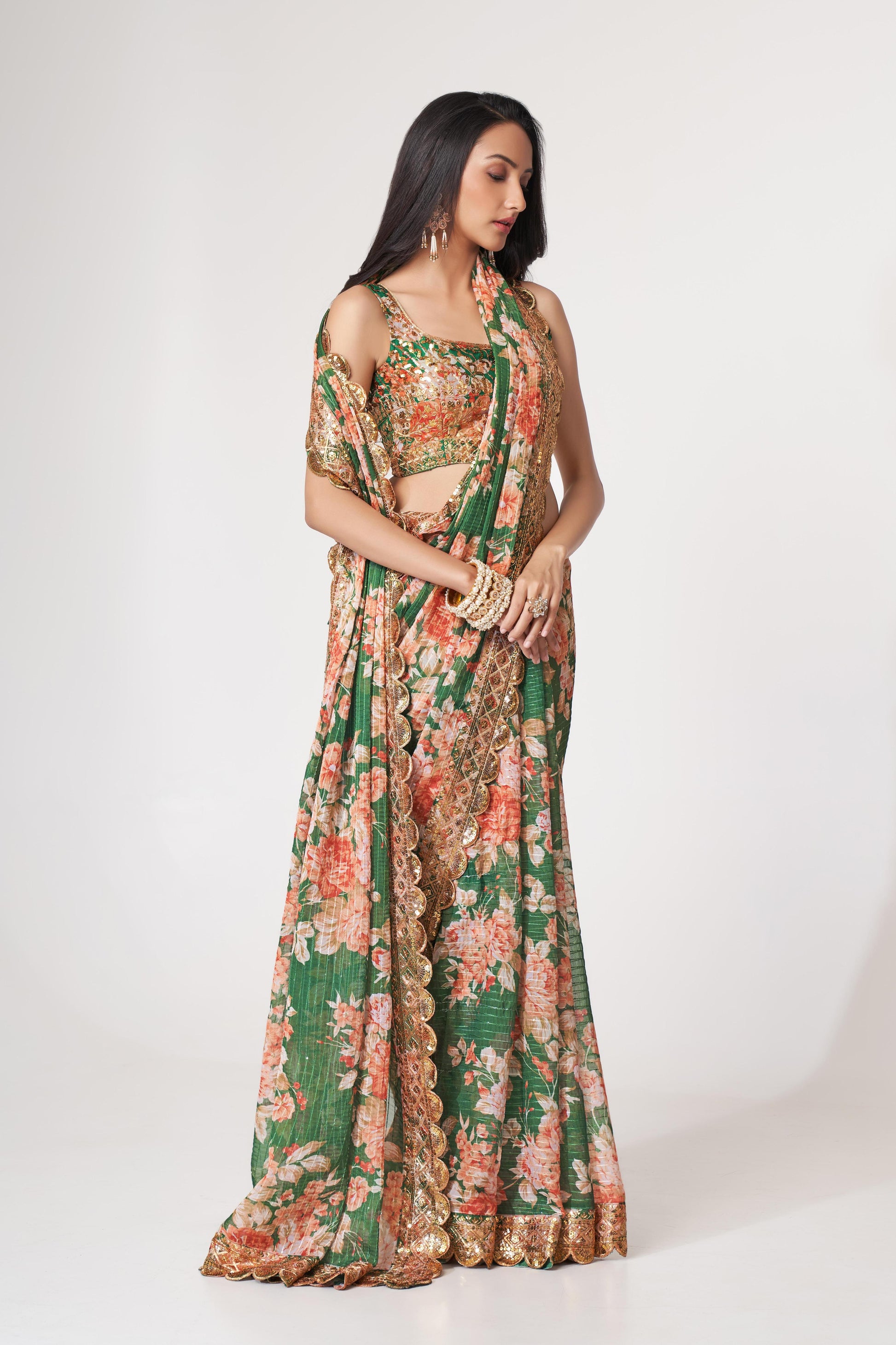 Emerald Green Organza Saree
