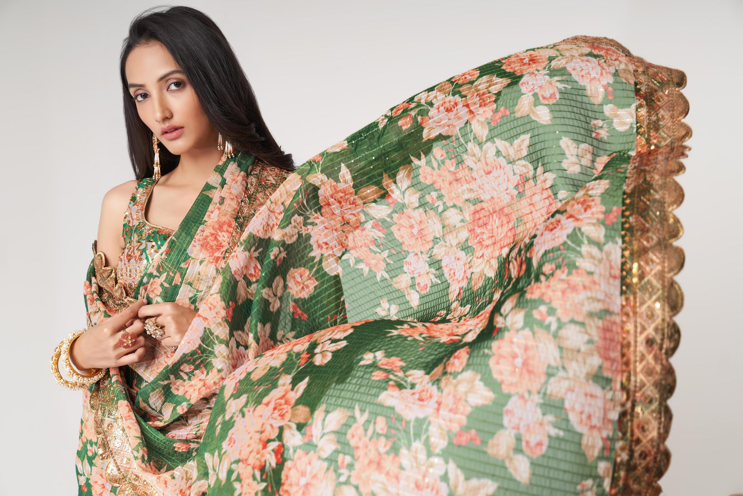 Green organza printed saree with blouse