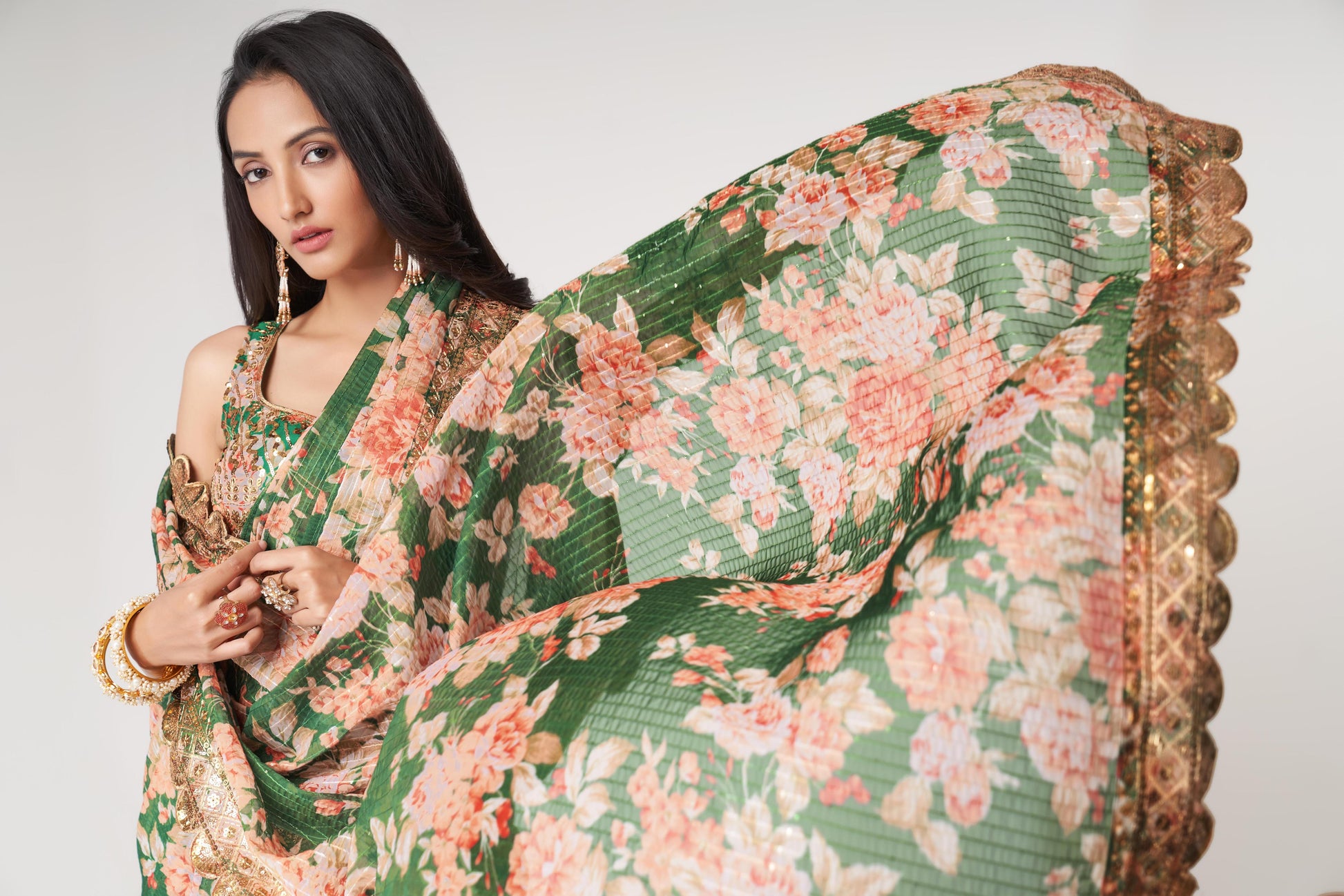 Green organza printed saree with blouse