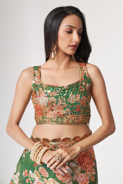Green organza printed saree with blouse price