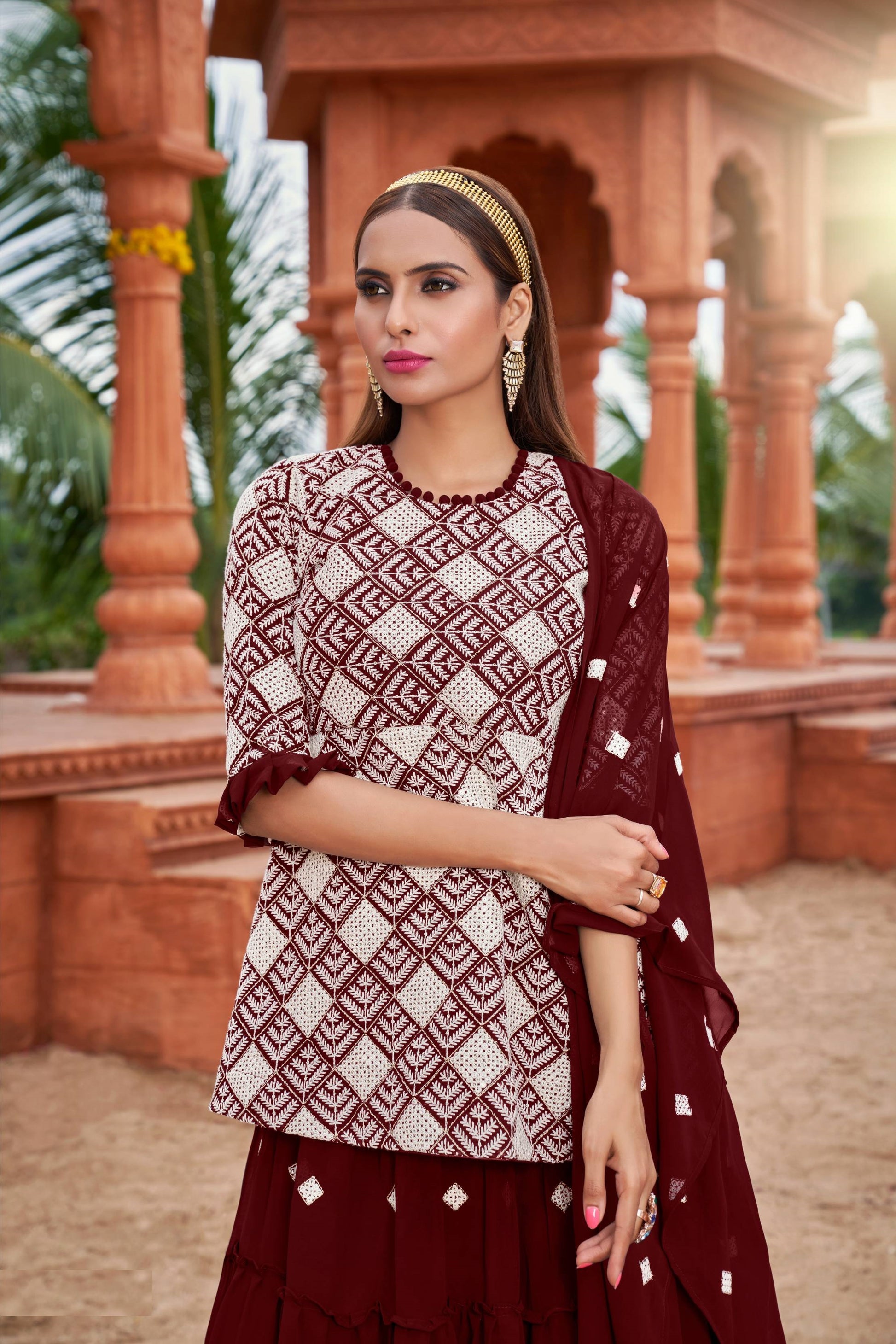 Maroon color georgette lehenga with top images