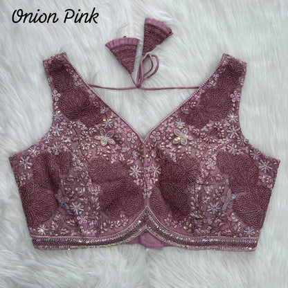 Unique Power Net Stitching Hand Work Sky Blue Blouse For Women