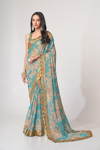 sky blue organza floral printed saree usa