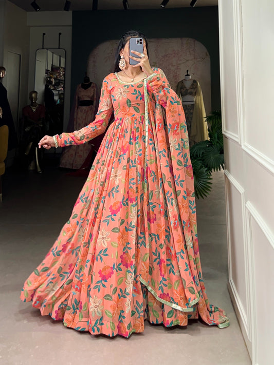 Peach color georgette printed gown for women