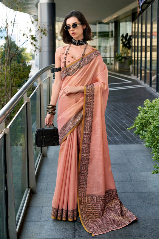 Peach color tisue silk saree for party